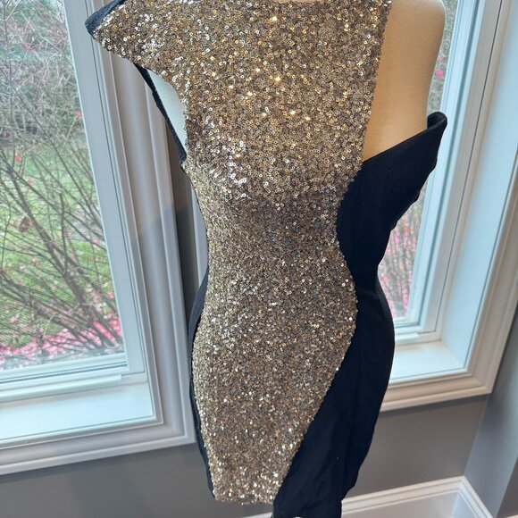 Jean Jail One Shoulder Black Gold Sequin Party Mini Dress - Picture 4 of 11